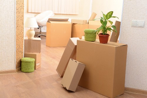 Packed boxes and furniture stored safely in Sipson